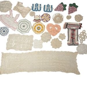 Vintage Lot Of Handmade Crochet Doilies Variety Sizes Colors Runner Trivets More
